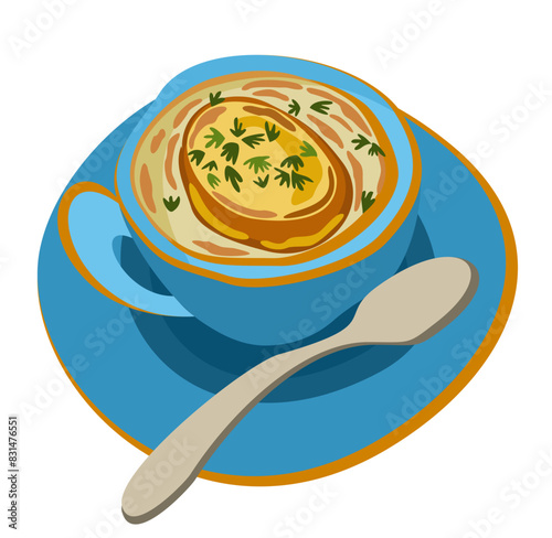 French onion soup in a cup. Vector isolated illustration