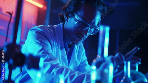 scientist conducting an experiment in a high-tech laboratory