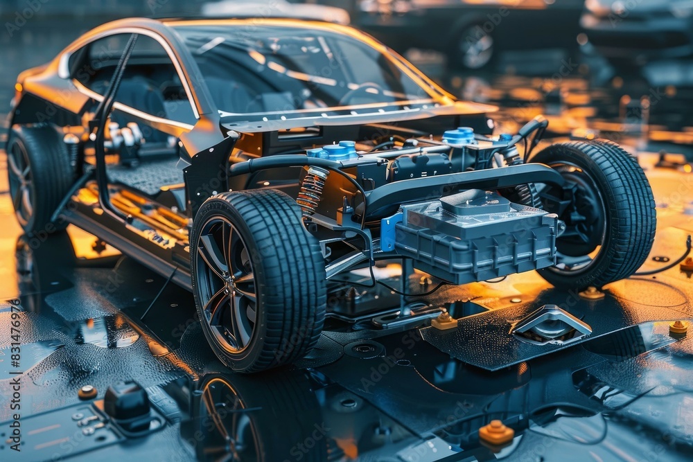 Fototapeta premium Futuristic electric car concept with exposed chassis and powertrain in a workshop setting