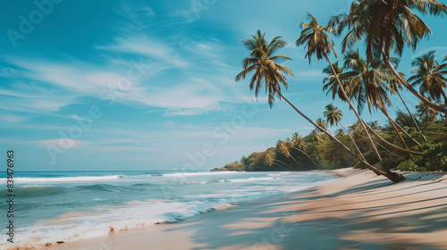 A beautiful beach with palm trees and a clear blue sky