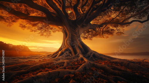 Tree of life, large trunk and roots, fast wind blowing orange sky, tree leaves orangey brown, distant wide angle photo