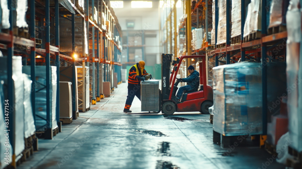 Workers in a modern warehouse using forklifts to move pallets of goods