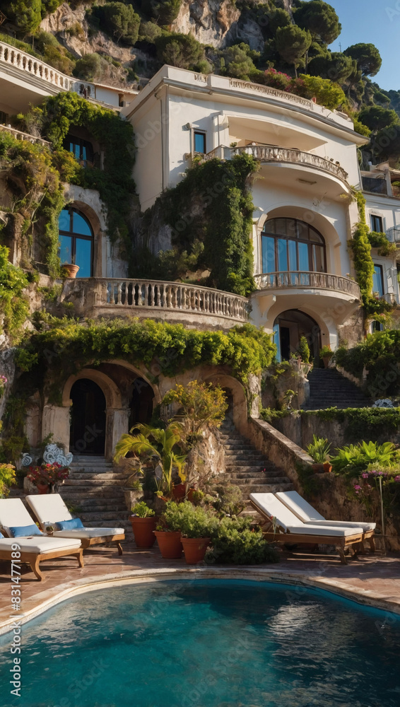 Opulent estate on Amalfi Coast, stunning Mediterranean views, cliffside terraces.