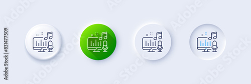 Podcast line icon. Neumorphic, Green gradient, 3d pin buttons. Studio mic sign. Voice record microphone symbol. Line icons. Neumorphic buttons with outline signs. Vector photo