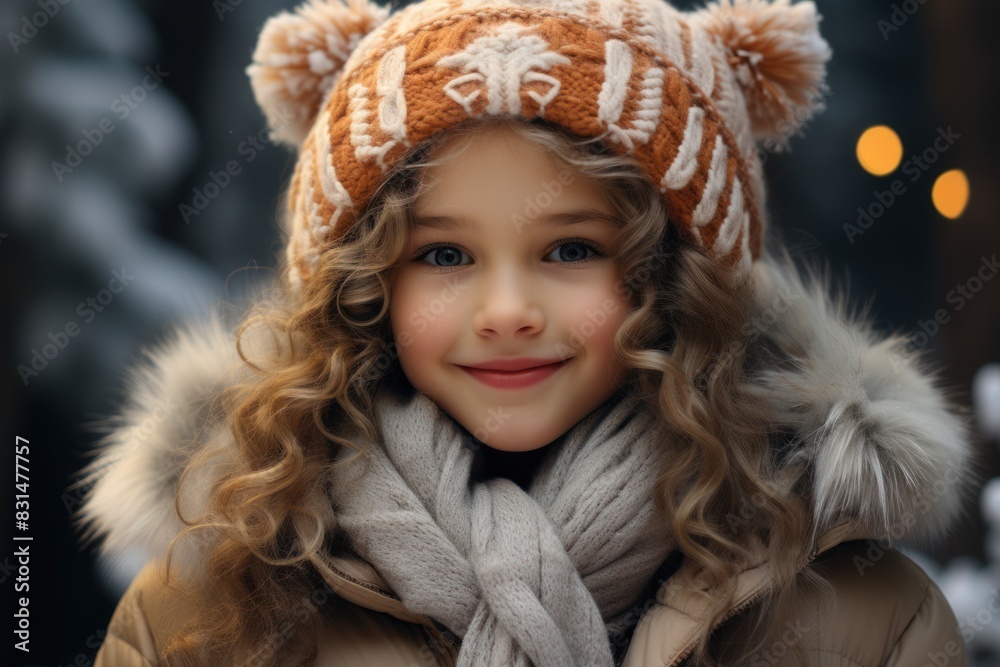 A beautiful girl in a warm jacket and knitted hat stands against the backdrop of a winter forest. A beautiful girl in a warm jacket and knitted hat stands against the backdrop of a winter forest.