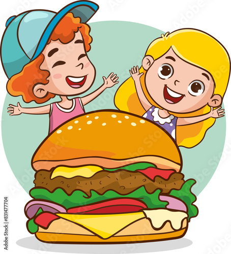 Big meals and kids. Cute little kids are happy to eat hamburger. Funny cartoon character. Vector illustration. Isolated on white background