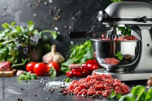Fresh ground beef prepared with an electric meat grinder among ingredients photo