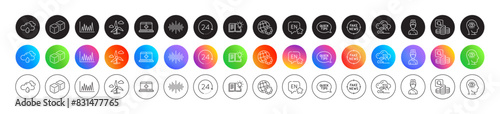 Line graph, Co2 gas and Inspect line icons. Round icon gradient buttons. Pack of Globe, Dice, Windmill turbine icon. Rainy weather, English, Product knowledge pictogram. Vector