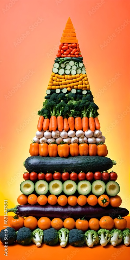 Various vegetables in shape of pyramid on orange background. Various vegetables in shape of pyramid on orange background.