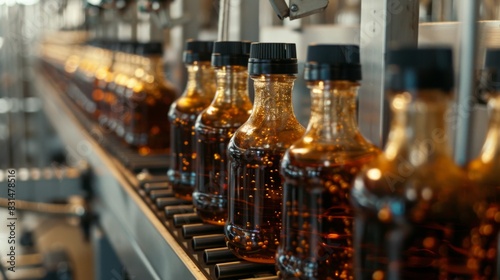 A row of brown liquid bottles being filled and capped on an automated production line in a factory.