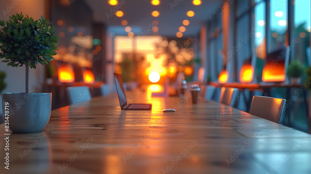 office ambiance with a soft blurry effect showing desks chairs and ...