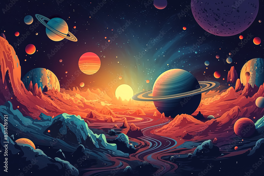 A painting of a galaxy with many planets and stars. A painting of a galaxy with many planets and stars.