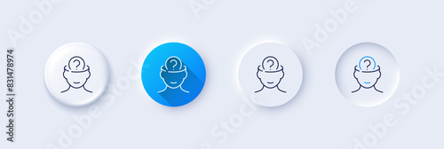 Psychology therapy line icon. Neumorphic, Blue gradient, 3d pin buttons. Mental health sign. Brain question mark symbol. Line icons. Neumorphic buttons with outline signs. Vector