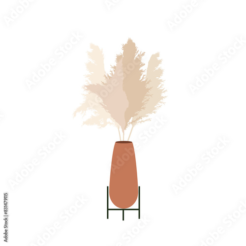Vector image of a minimalistic vase with dried flowers and beige tones on a white background.