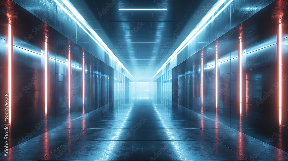 A long, dark hallway with red and blue lights