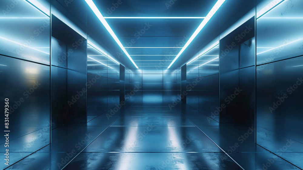 A large, empty room with blue walls and a blue ceiling A large, empty room with blue walls and a blue ceiling