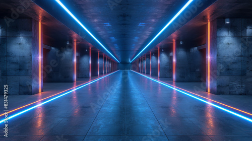 A long, empty, dark tunnel with neon lights