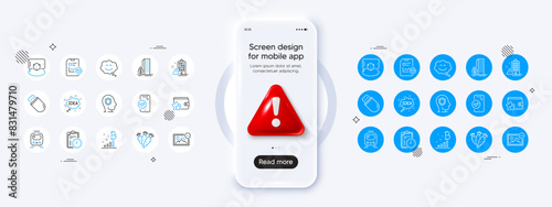 Exam time, Loyalty program and Remove image line icons. Phone mockup with 3d danger icon. Pack of Buildings, Bitcoin graph, Smile chat icon. Idea, Usb stick, Approved phone pictogram. Vector