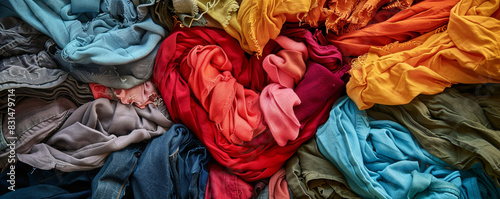 Background with old, used colorful clothes folded to form a heart. Recycling concept for textiles. Creative concept of recycling old clothes, reuse and environmental friendliness. photo