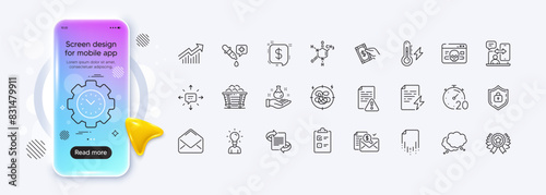 Marketing, Chemical formula and Mail line icons for web app. Phone mockup gradient screen. Pack of Education, Pay money, Sms pictogram icons. Stress, Chemistry lab, Instruction manual signs. Vector