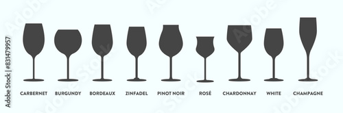 Wine Glass Silhouette Guide - An informative guide featuring silhouettes of various wine glasses, indicating the appropriate glass shapes for different types of wine. photo