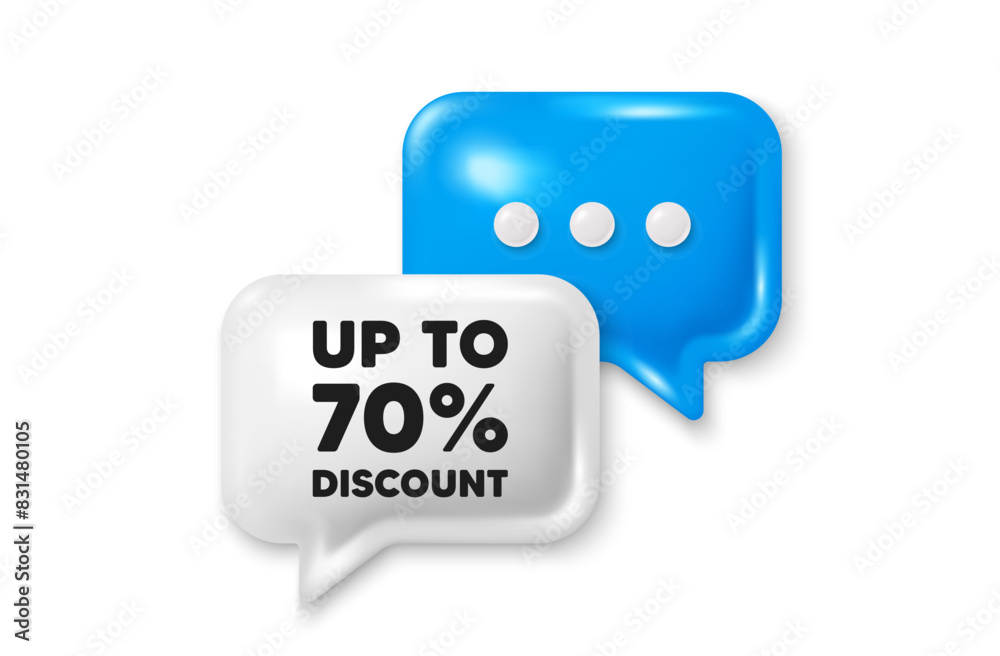 Fototapeta premium Up to 70 percent discount. Chat speech bubble 3d icon. Sale offer price sign. Special offer symbol. Save 70 percentages. Discount tag chat offer. Speech bubble banner. Text box balloon. Vector
