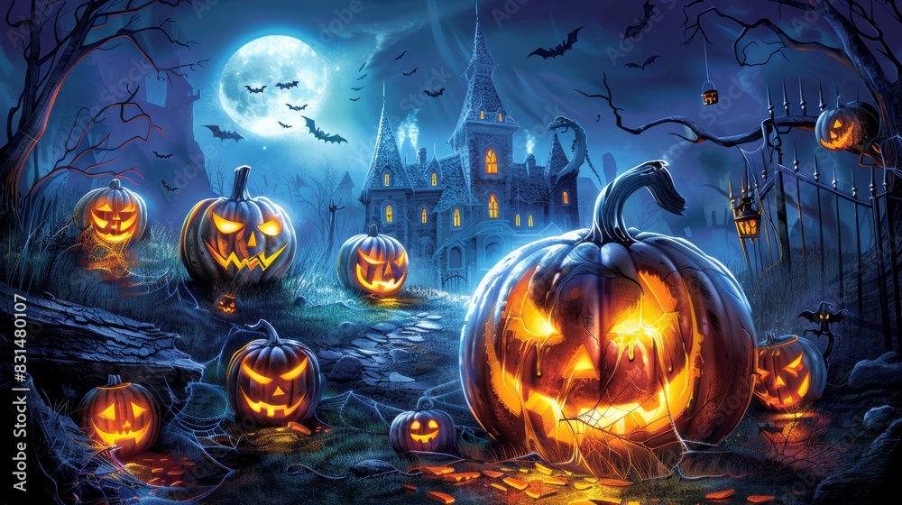 Fototapeta premium Vibrant halloween illustration with orange text on shadowy black background and eerie motifs