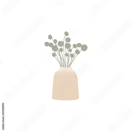 Vector image of a minimalistic vase with dried flowers and beige tones on a white background.