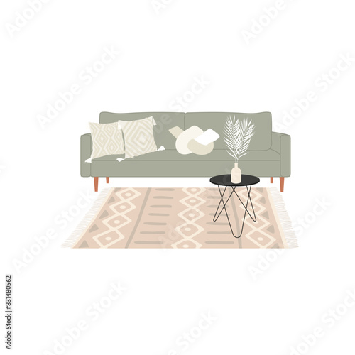 Set of Aesthetic Furniture. Mint sofa with decorative macrame pillows and boho rug and coffee table.