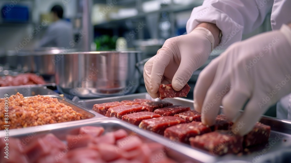 A chef wearing gloves arranges meat pieces on trays in a brightly lit commercial kitchen, with utensils and minced meat in the background.