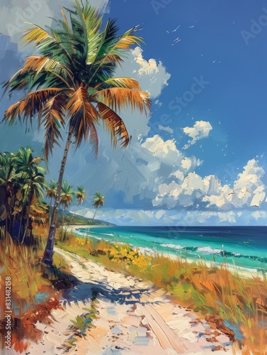 Palm trees on the beach, painting painted with oil paints on canvas
