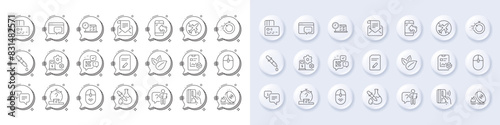 Search employee, Charging station and Chemistry pipette line icons. White pin 3d buttons, chat bubbles icons. Pack of Contactless payment, Mail newsletter, Computer mouse icon. Vector