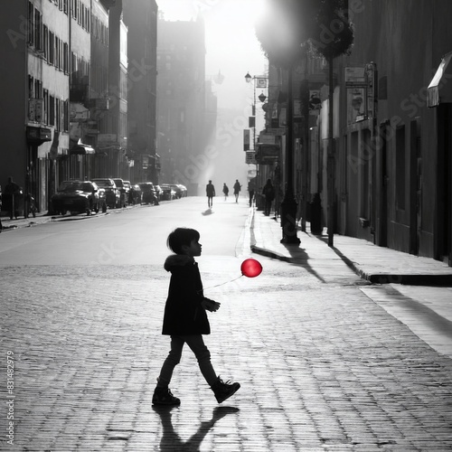 Alone child walking down city street with red balloon. Loneliness