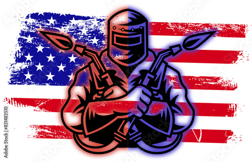 Vintage US Flag With A Cool Welder Graphic Printable Design For Welding Father. Cool Illustration For Father's Day And 4th Of July