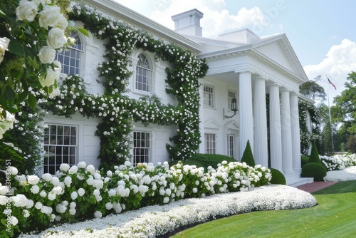 Classical white mansion with beautiful rosecovered facade and manicured gardens under a clear sky photo