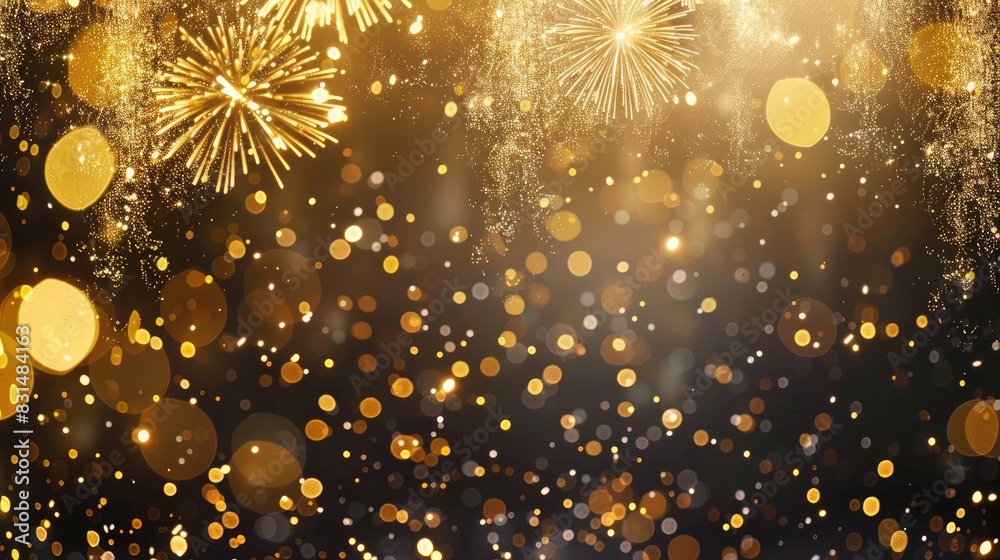 Fototapeta premium Sophisticated gold and black backdrop featuring fireworks and shimmering lights Ideal for birthday parties special occasions well wishes and festive events such as Independence Day or New Ye