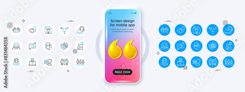 Health app, Global business and Veins line icons. Phone mockup with 3d quotation icon. Pack of Genders, Safe time, Chef icon. Consult, Eye drops, Equality pictogram. Vector