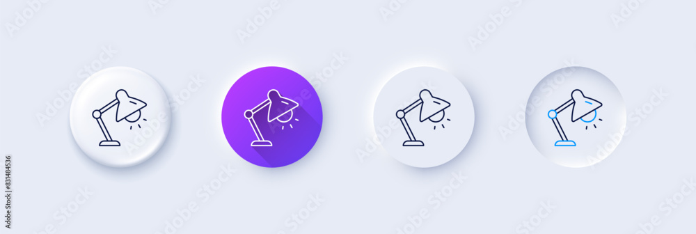 Table lamp line icon. Neumorphic, Purple gradient, 3d pin buttons. Bedside light sign. Interior illuminate symbol. Line icons. Neumorphic buttons with outline signs. Vector Table lamp line icon. Neumorphic, Purple gradient, 3d pin buttons. Bedside light sign. Interior illuminate symbol. Line icons. Neumorphic buttons with outline signs. Vector