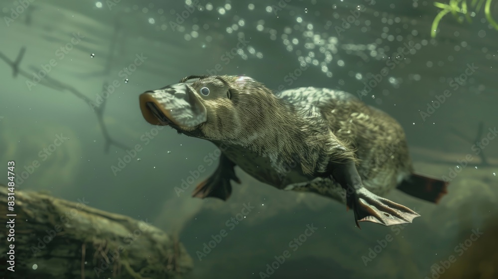 Fototapeta premium A platypus diving in a murky river, an oddity of nature perfectly adapted.