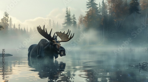 A moose wading through a misty lake, majestic antlers framed by morning fog. photo