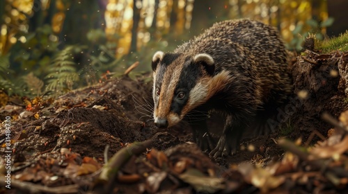 A badger digging burrows, a meticulous architect of the forest floor. photo