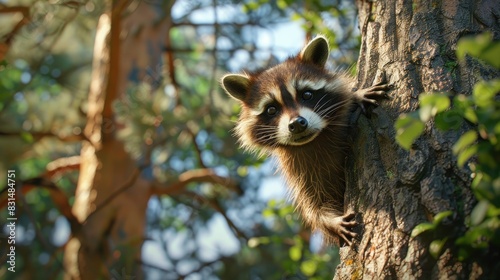 A raccoon navigating the treetops, agile movements in a forest playground. photo