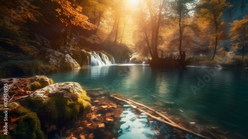 Serene Autumn Forest Waterfall with Golden Foliage and Crystal Clear Water in a Tranquil Natural Setting