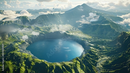 Aerial view of a caldera filled with a tranquil lake, serene post-eruption landscape. photo