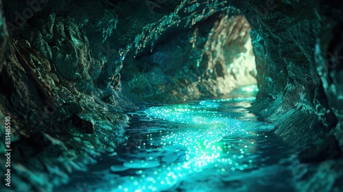 An underground stream in a cave glowing with phosphorescent minerals, a luminous path. photo