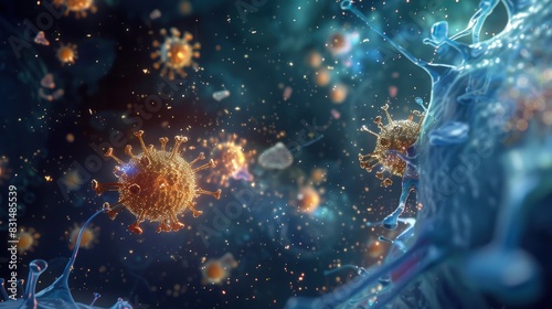 Animated representation of a virus infecting a human cell, highlighting the viral replication process. photo