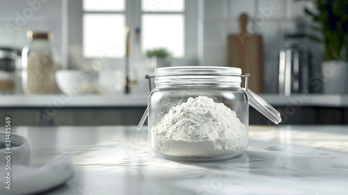 Arrowroot powder, starchy and fine, in a clear jar. photo