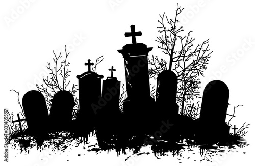 silhouette of creepy tombstones in a graveyard, in black, isolated 