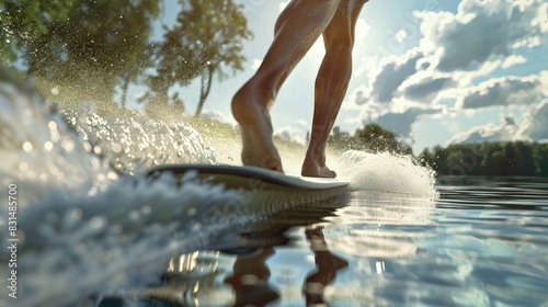 Barefoot water skiing, smooth glide, lake mirror.