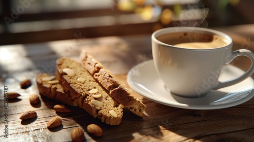 Biscotti, twice-baked, almond pieces, beside a coffee cup. photo